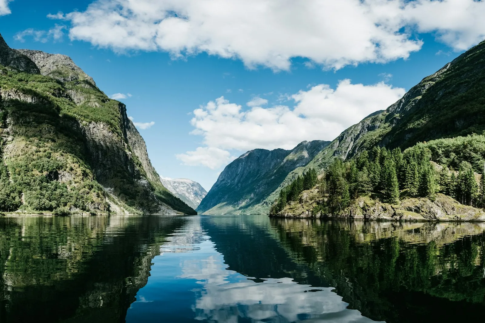 A deep Norwegian fjord between steep green mountains, still water reflecting the sky.
